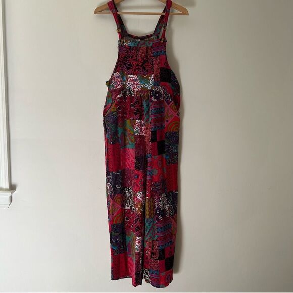 Patchwork Print Overalls Size Small Pockets Wide Leg Boho Festival Hippie - Picture 2 of 9